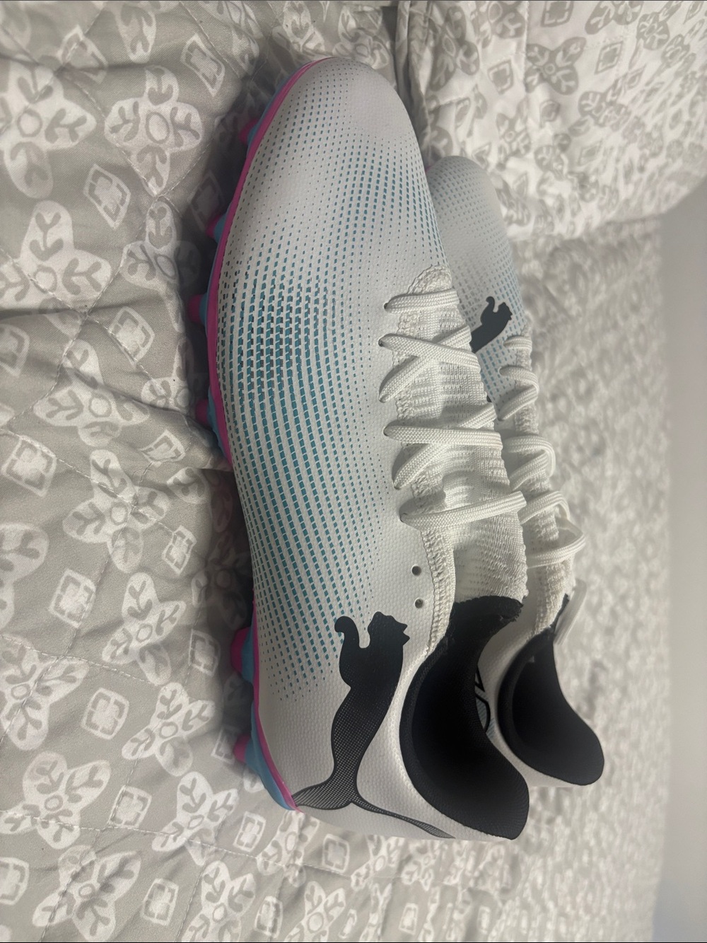 Puma White Cleats with Blue Gradient and Pink Outsole